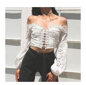 Boho chic! Off the shoulder long sleeve lace top
